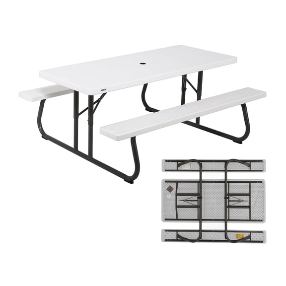 Syess 6 Foot Folding Polyethylene Picnic Table | Heavy Duty Indoor Outdoor Dining Table with Steel Frame, Seats Multiple, White