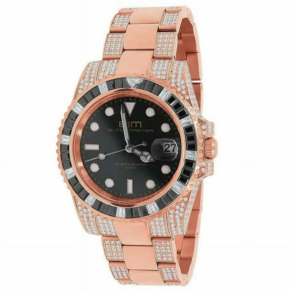 18K Rose Gold Finish Full Stainless Steel Simulated Diamond 40mm Mens Watch W/Date