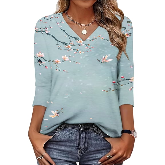 Tunic for Women V Neck 3/4 Sleeve Casual Loose Fit Floral Bird Graphic Print Soft Breathable Lightweight Spring Summer Fashion Tops