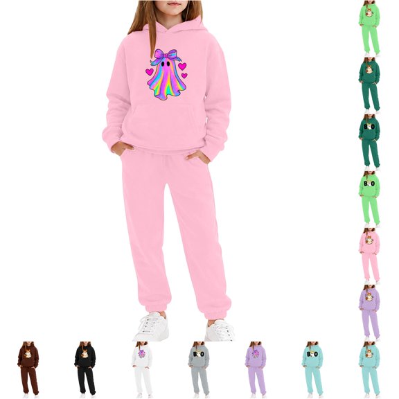 WhouRiu Girls Halloween Graphic Outfit Sets Fall Long Sleeve Hoodie Sweatpants Clothes Set 2-13 Years
