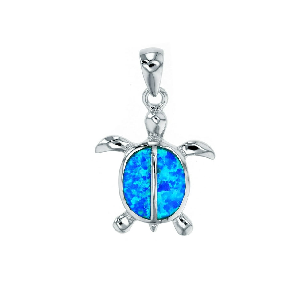 I925 Studio - Sterling Silver Created Blue Opal Turtle Pendant Necklace