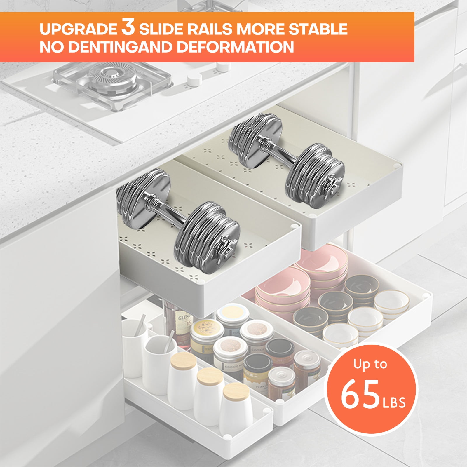 3PCS Pull Out Cabinet Organizer Adhesive with Nano Film,Slide Out Drawers Adhesive Heavy Duty Storage Drawer Shelf with 3PCS Divider Racks for Kitchen Pantry Bathroom Home