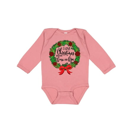 

Inktastic I Love Christmas with My Oma and Opa Wreath Gift Baby Boy or Baby Girl Long Sleeve Bodysuit