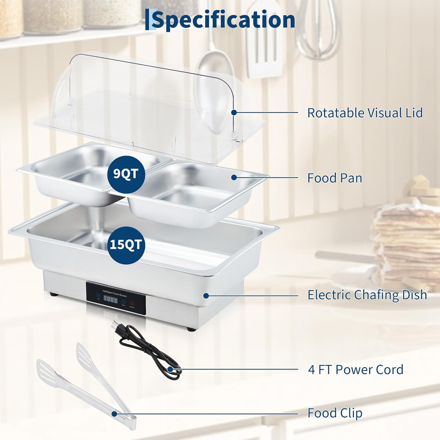 Electric Chafing Dish Buffet Set, 9 QT Stainless Steel Food Warmer with Temperature Control & Transparent Roll Top Lid, Catering Server for Parties, Banquets, Buffets, Keeping Food Warm & Fresh