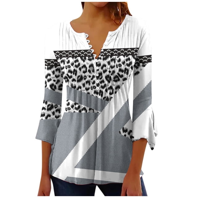 Blusas de Algodón para las Mujeres Impresas 3/4 Mangas V-Cuello Camiseta, Blusa de Algodón de Imitación Casual para las Mujeres