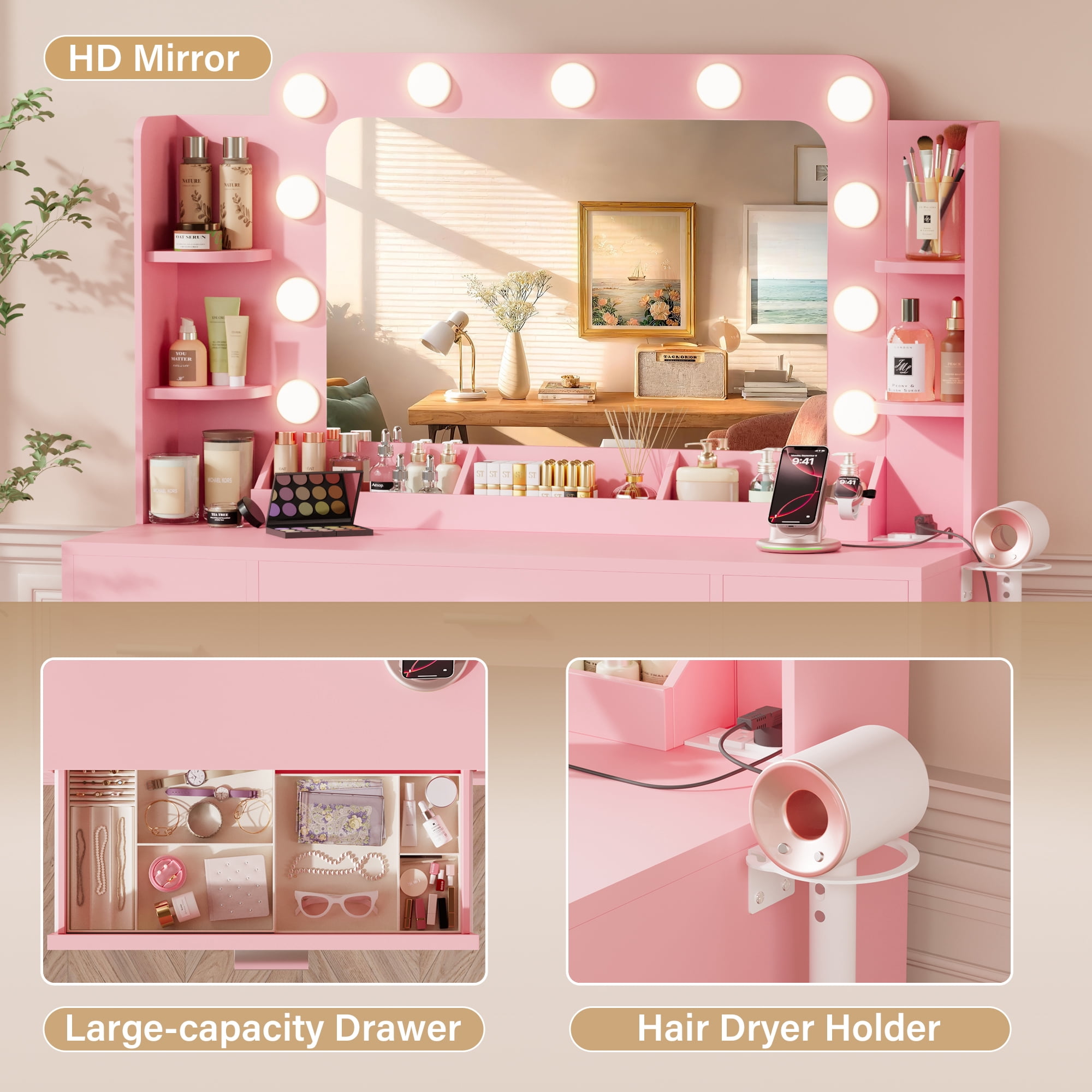 Lacoo Vanity Desk with Mirror & Lights, Makeup Vanity Set with 7 Drawers & Shelves, Vanity Table for Bedroom, Pink