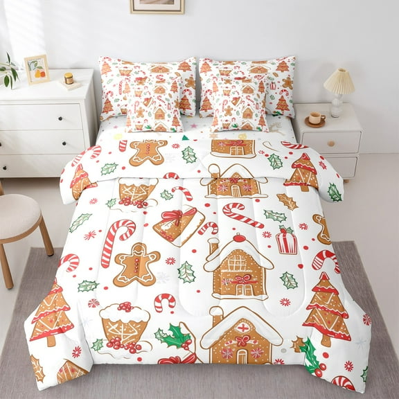Castle Fairy Kids Gingerbread Man House 7-Piece Twin Bedding Sets,Merry Christmas Bedding Comforter Set,Festival Xmas Breathable Sheet Sets,Super Cozy Room Decor