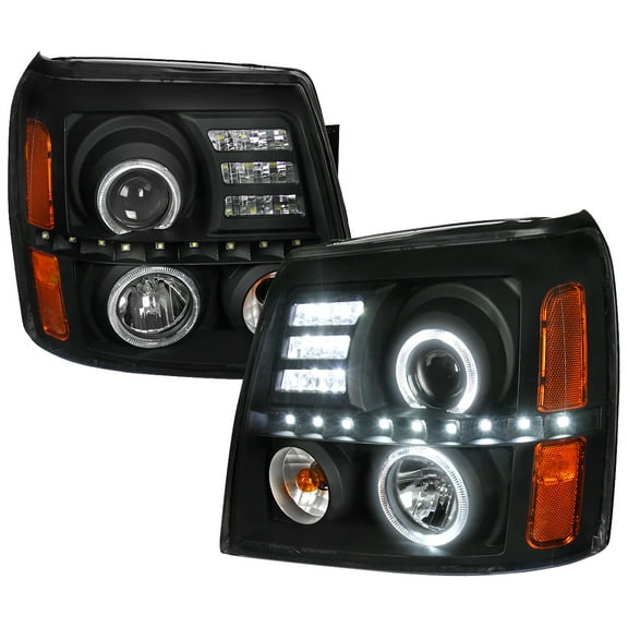 Dual Halo Projector Headlights w/ SMD LED Light Strip (Black Housing/Clear Lens) Made for and Compatible with 2002-2006 Cadillac Escalade