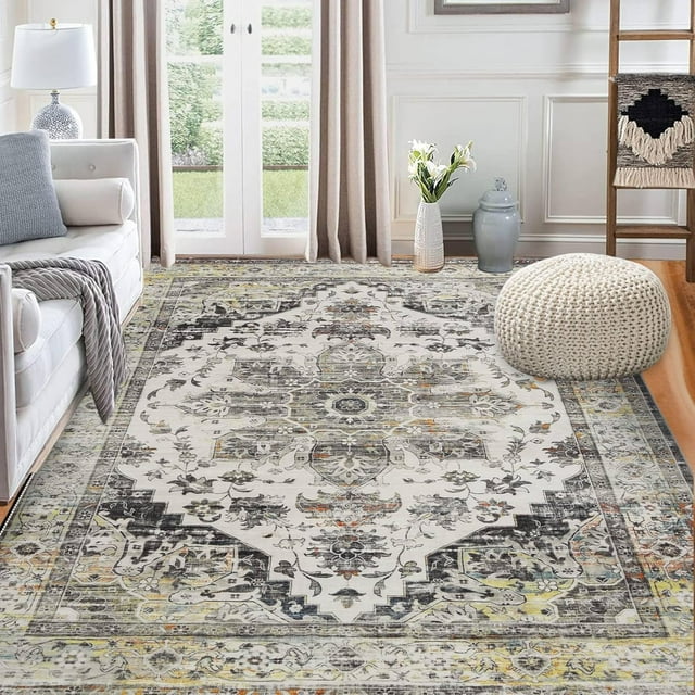 Twister.CK Machine Washable Area Rug, 5' x 7' Floral Carpet, for Bedroom, Living Room, Nursery, Gray
