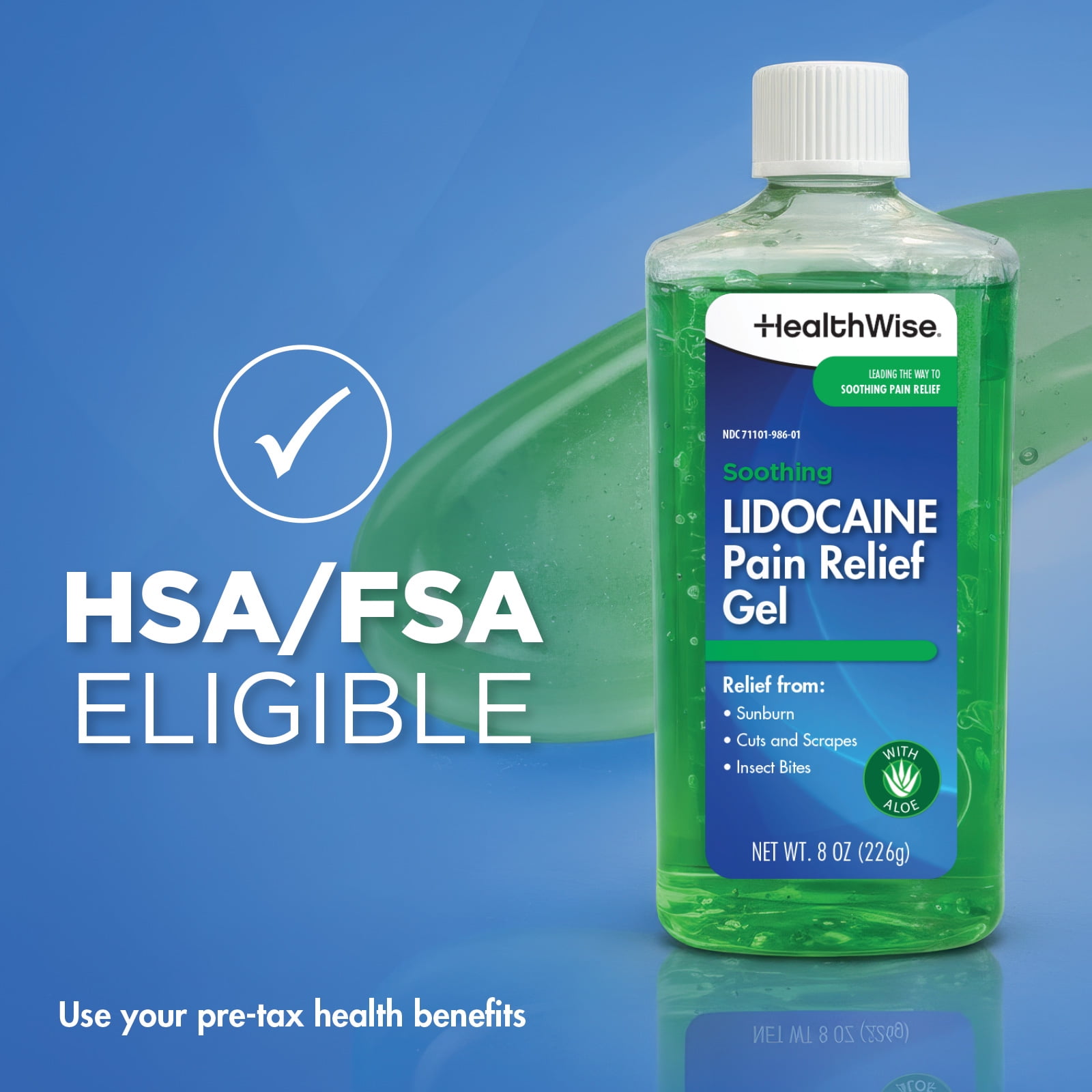 HealthWise Soothing Lidocaine Gel | Sunburn Relief | Fast Acting & Long Lasting | With Aloe Vera | Ideal for Insect Bites and Minor Burns | 8.0 Oz (226g)