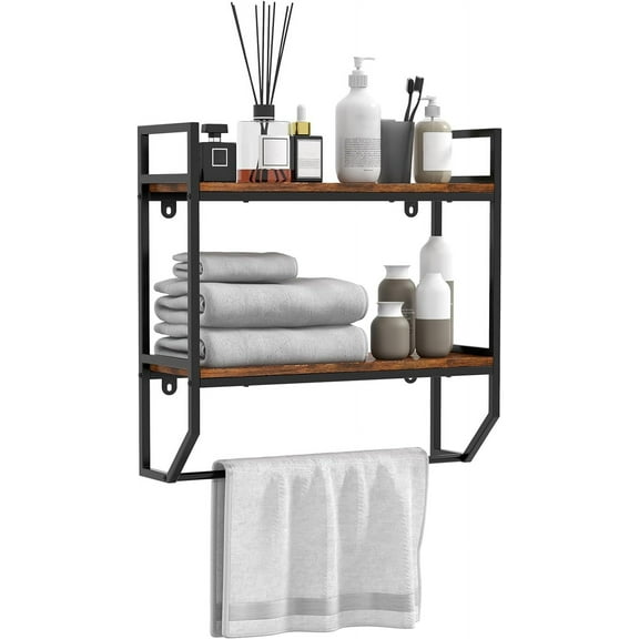 GOFLAME 2-Tier  Bathroom Shelves with Towel Bar, Over The Toilet Shelf Wall Mounted with Metal Frame, Wall Storage Organizer Shelf for Bathroom, Living Room, Kitchen, Rustic Brown