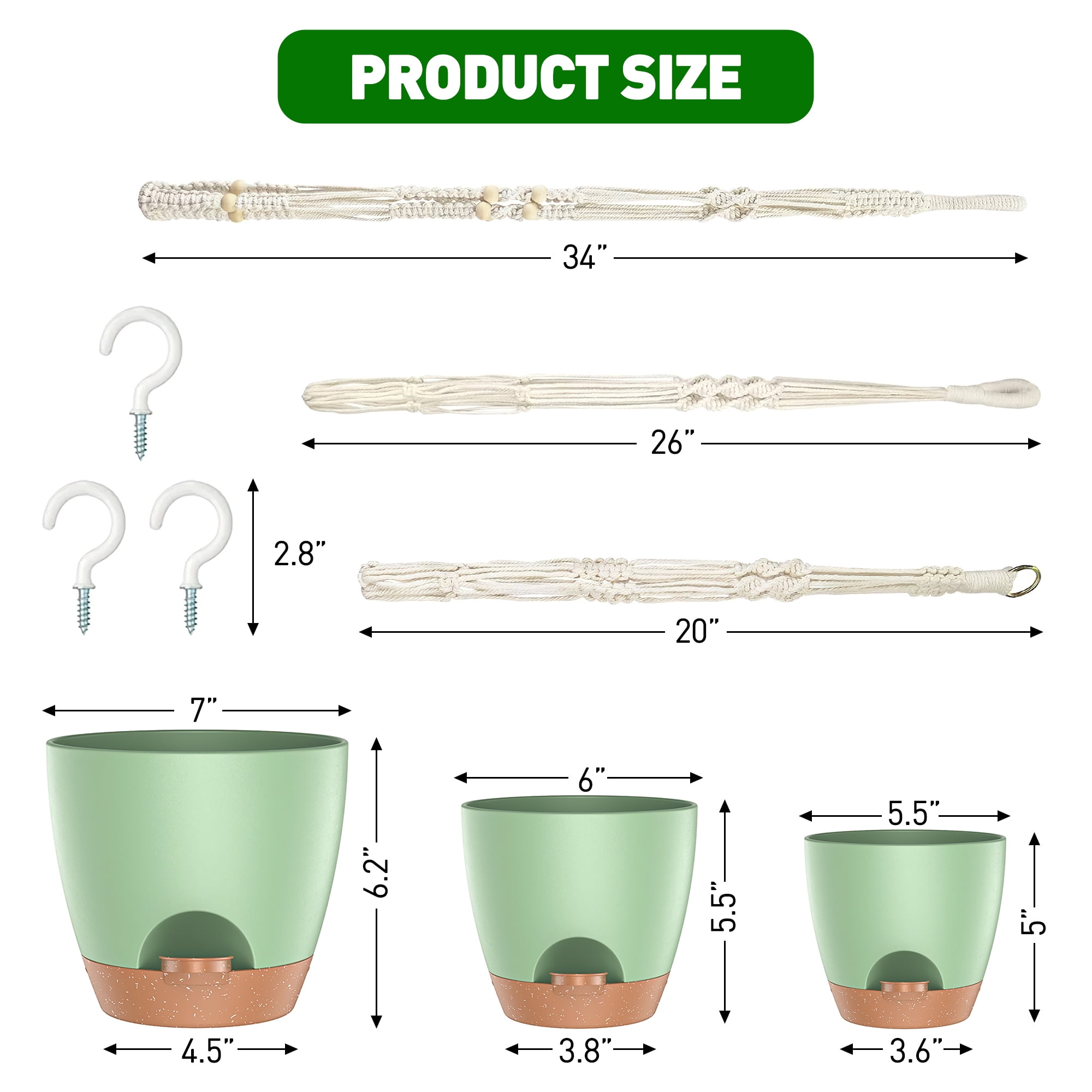 3-Pack Self Watering Hanging Plant Pots with Macrame Hangers, Plastic Planters with Drainage Holes and Saucers, Indoor Outdoor Flower Pots, Includes 3 Ceiling Hooks, 7"/6"/5.5" (Green)