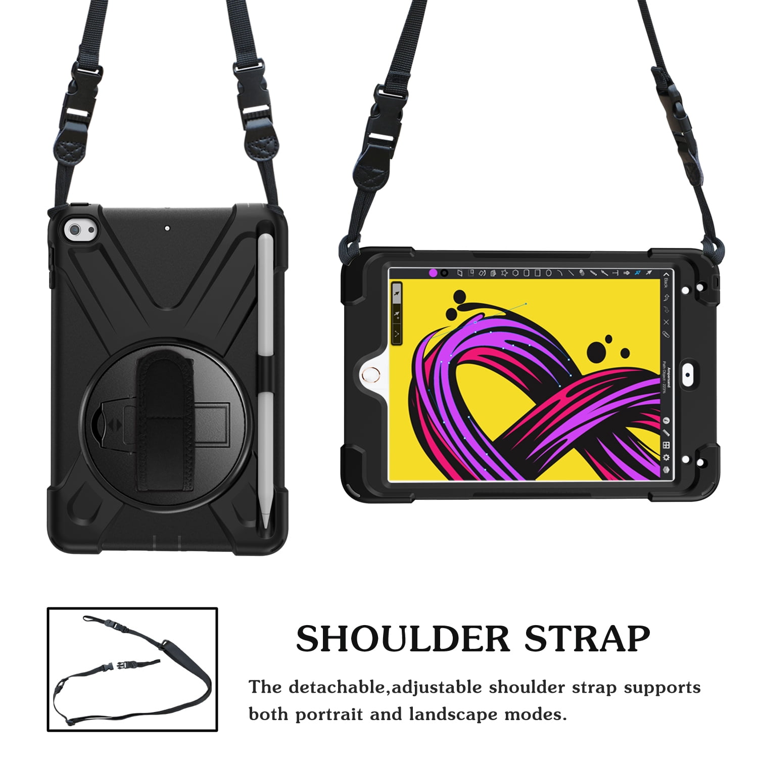 iPad 6th/5th Generation Case Kids, iPad 9.7 Case with Pencil Holder, Heavy Duty Shockproof Protective Rugged iPad 9.7 Case with Stand/Hand Strap for iPad Air 9.7-inch 2018/2017 - BLACK