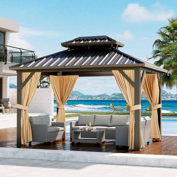 Ataucjin 10' X 12' Hardtop Gazebo, Double Roof Canopy Gazebo with Mosquito Curtain Netting, Aluminum Alloy, Anti-UV, Permanent Pavilion for Patio, Backyard, Lawn（ship in 2 boxes）