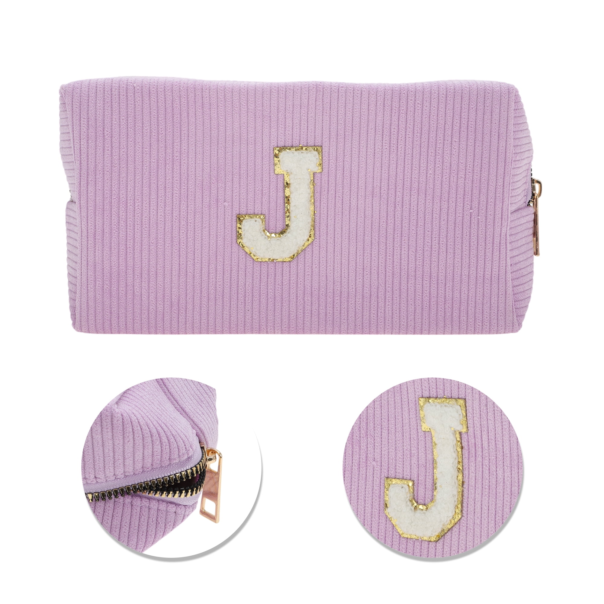 Unique Bargains 1 Pc Corduroy Rectangular Letter Makeup Bag Pink Purple [Letter J]