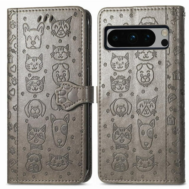 Funda Cartera FOXDOCK para Google Pixel 8 Pro , Flip PU con Relieve de Gatos y Perros, Tarjetero y Soporte
