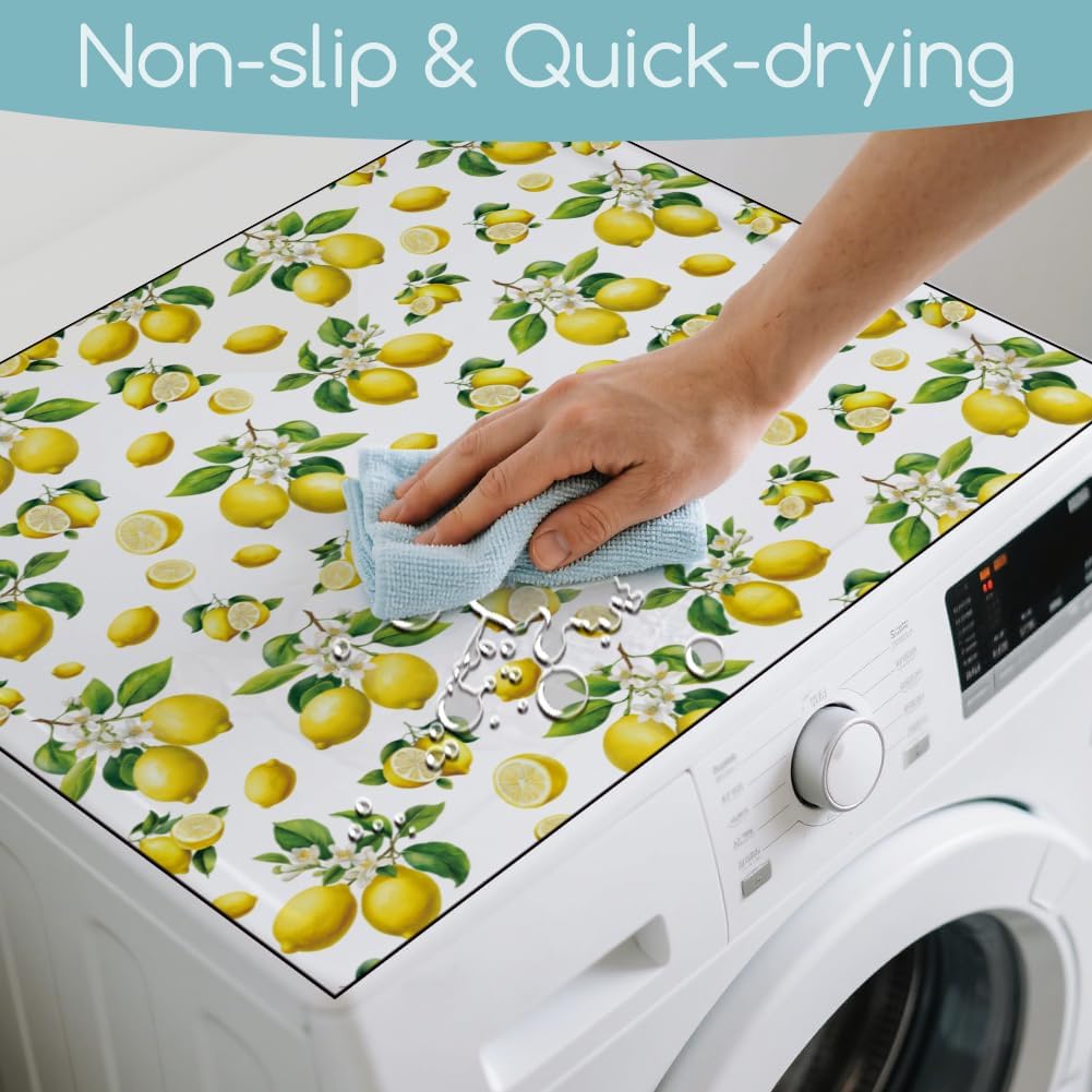 Yellow Lemon Laundry Washer Dryer Dust Cover Mat 23.6x19.7inch Fruits Washing Machine Top Protector Pads Plants Patterns Non Slip