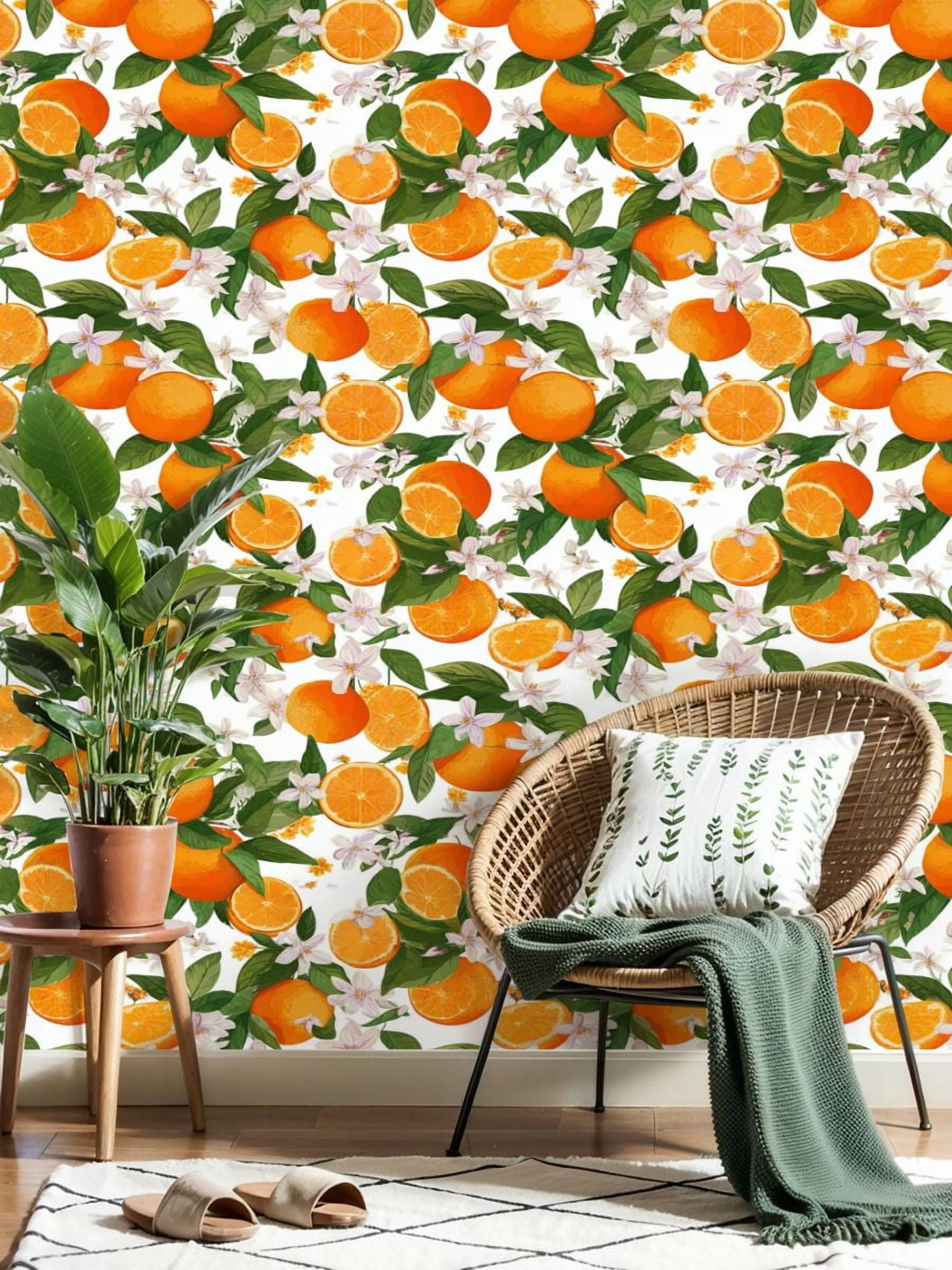 Vintage Peel and Stick Wallpaper Citrus Orange Blossoms Green Leaves Wall Mural 23.6in x 9.8ft Self Adhesive Removable Wall Paper Renter Friendly Wallpaper for Nursery Bedroom Cabinets