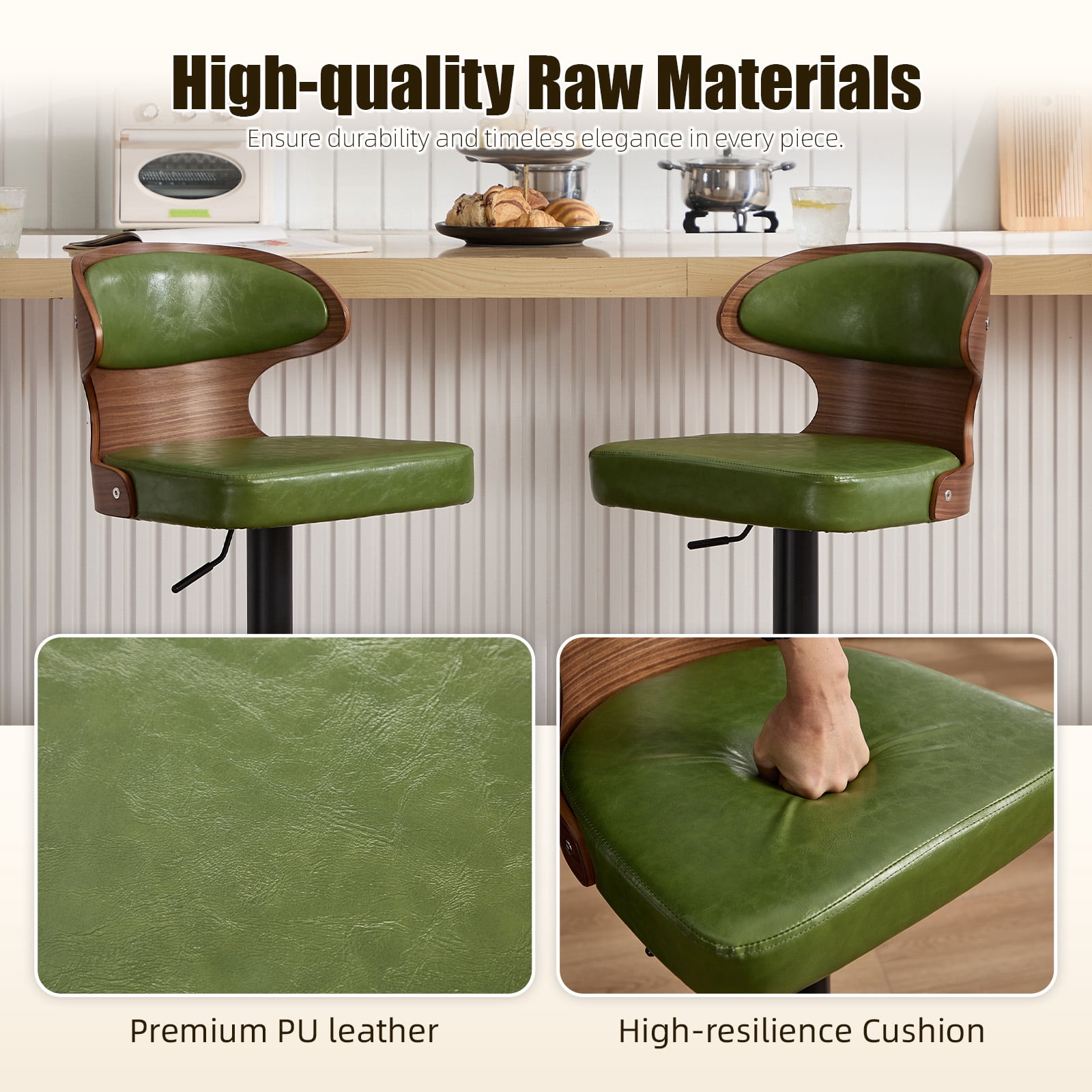 MOONMISS Swivel Bar Stools Set of 2, Wooden Kitchen Bar Chairs with Back, PU Leather Counter Height Barstools for Kitchen Island,