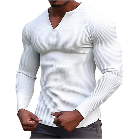 Jalioing Men's Casual Workout T Shirt V Neck Long Sleeve Solid Shirt Basic Athletic Training Texture Tees