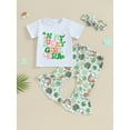 thumbnail image 2 of Bslissey Kids Baby Girl Pants Set Short Sleeve Letter Print T-shirt + Shamrock Pattern Flare Pants + Headband 3Pcs Outfits Toddler Casual Holiday Clothes 6M-5T, 2 of 8