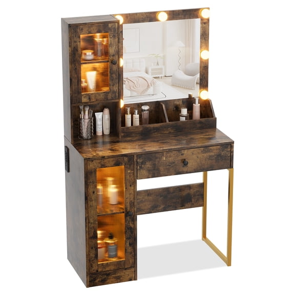 Hetoy Vanity Desk with Mirror and Lights - 41" White Makeup Vanity Set with Drawers, Glass Cabinets, Power Outlet & Adjustable LED Lighting, Dressing Table for Women & Girls Bedroom