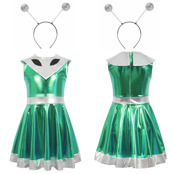 BRGZLK Girl Alien Costume AI Artificial Intelligence Cosplay Party Sleeveless Round NeckPerformance Costume Dress with Headband Green 11-12 Years