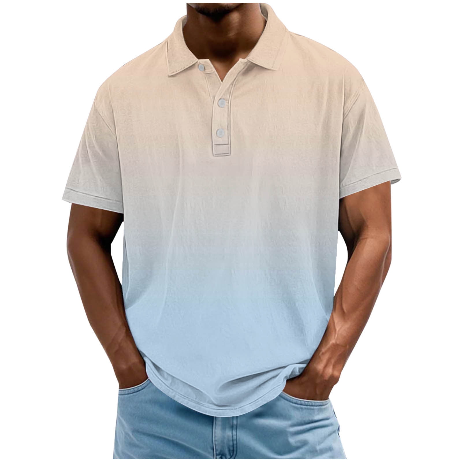 Mens Gradient Color Polo Shirt Quarter Button Short Sleeve Golf Shirts Soft Oversized Stylish Casual Summer Blouses