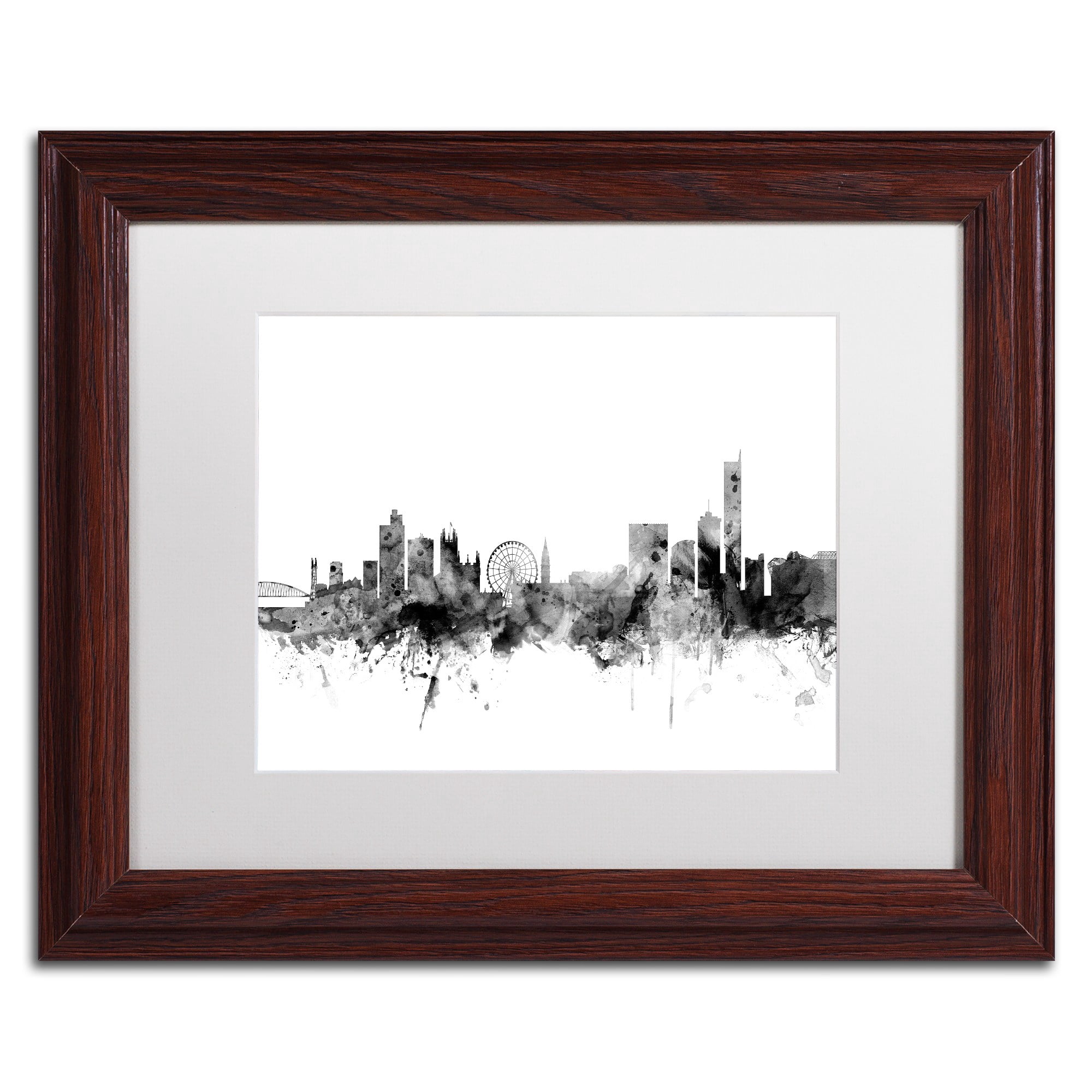 Trademark Fine Art "Manchester England Skyline B&W" Canvas Art by Michael Tompsett, White Matte, Wood Frame
