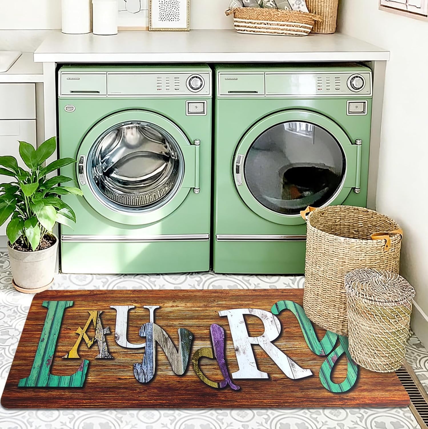 LANPEI Laundry Room Rug 20"x48" for Washer and Dryer Non Skid Rug Anti Fatigue Cushioned Laundry Floor Mats Comfy Laundry Runner Carpet Foam Mat for Kitchen Washroom Bathroom Farmhouse