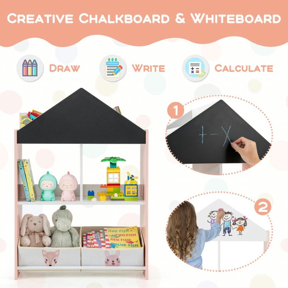 Topcobe Playhouse Kids Bookshelf with Chalkboard and Whiteboard for 3-6 Years, Kids Furniture for Living Room Bedroom-Pink