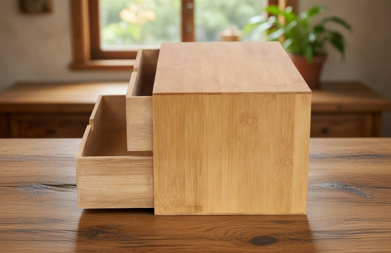 Bamboo Desktop Organizer with 2 Drawers - Natural Eco-Friendly Storage Box for Office Supplies, Makeup, Jewelry, Desk Accessories (33cm x 19cm x 16cm)