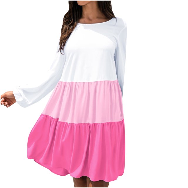 PVCS Femmes Mode Vacances Solide Épissage Col Rond à Manches Longues Partie Robe de Plage