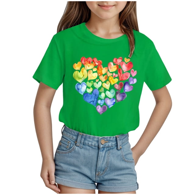 Nwiuh T-Shirts Graphiques Mignons avec Cœur pour Femmes, Manches Courtes, Col Ras du Cou, Coupe Régulière, Blouse, Adolescentes, Été, Décontracté, T-Shirt Basique, Hauts (Vert, 7-8 Ans)