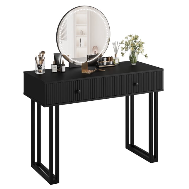 Coiffeuse Intelligente à DEL avec Miroir Éclairé et Tiroirs à Fermeture Douce, Table de Maquillage à 3 Couleurs Réglables avec Rangement, Meuble de Chambre Moderne Blanc Noir pour Appartement Dortoir Petits Espaces