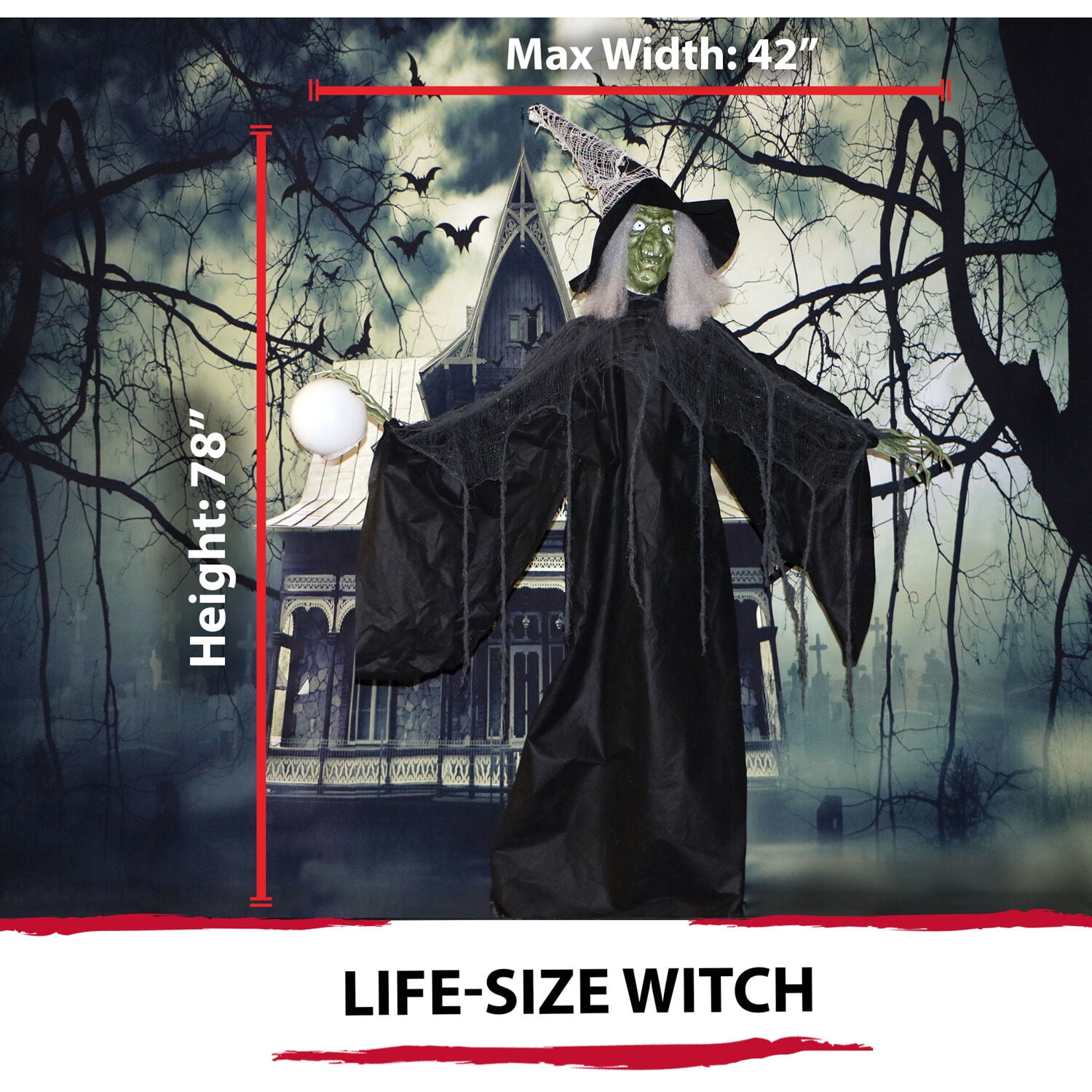 Haunted Hill Farm 78-In. Wicked Witch Prop with LED Crystal Ball, Multicolor
