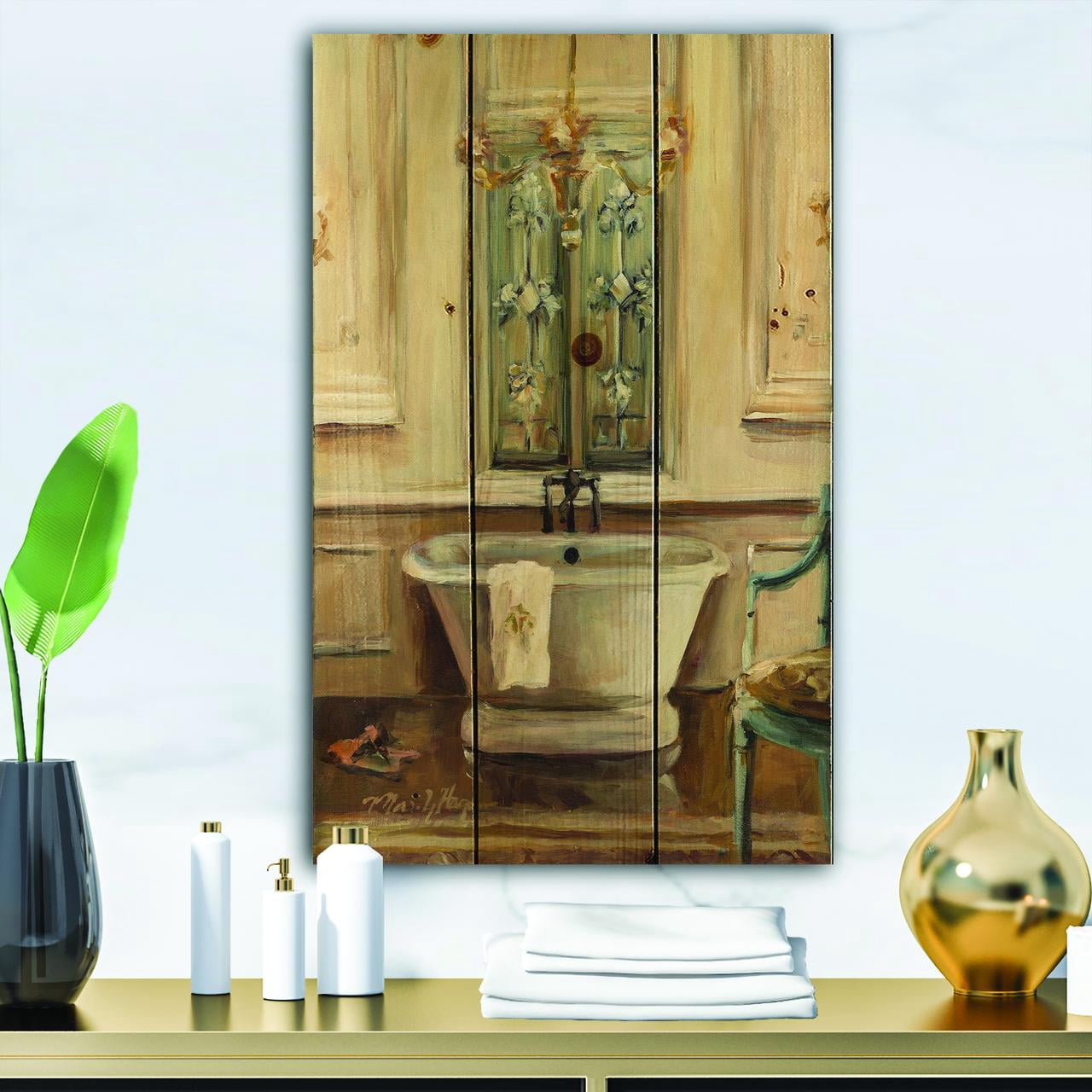Designart 'Vintage Paris Bathtub Painting ' Traditional Bathroom Print on Natural Pine Wood
