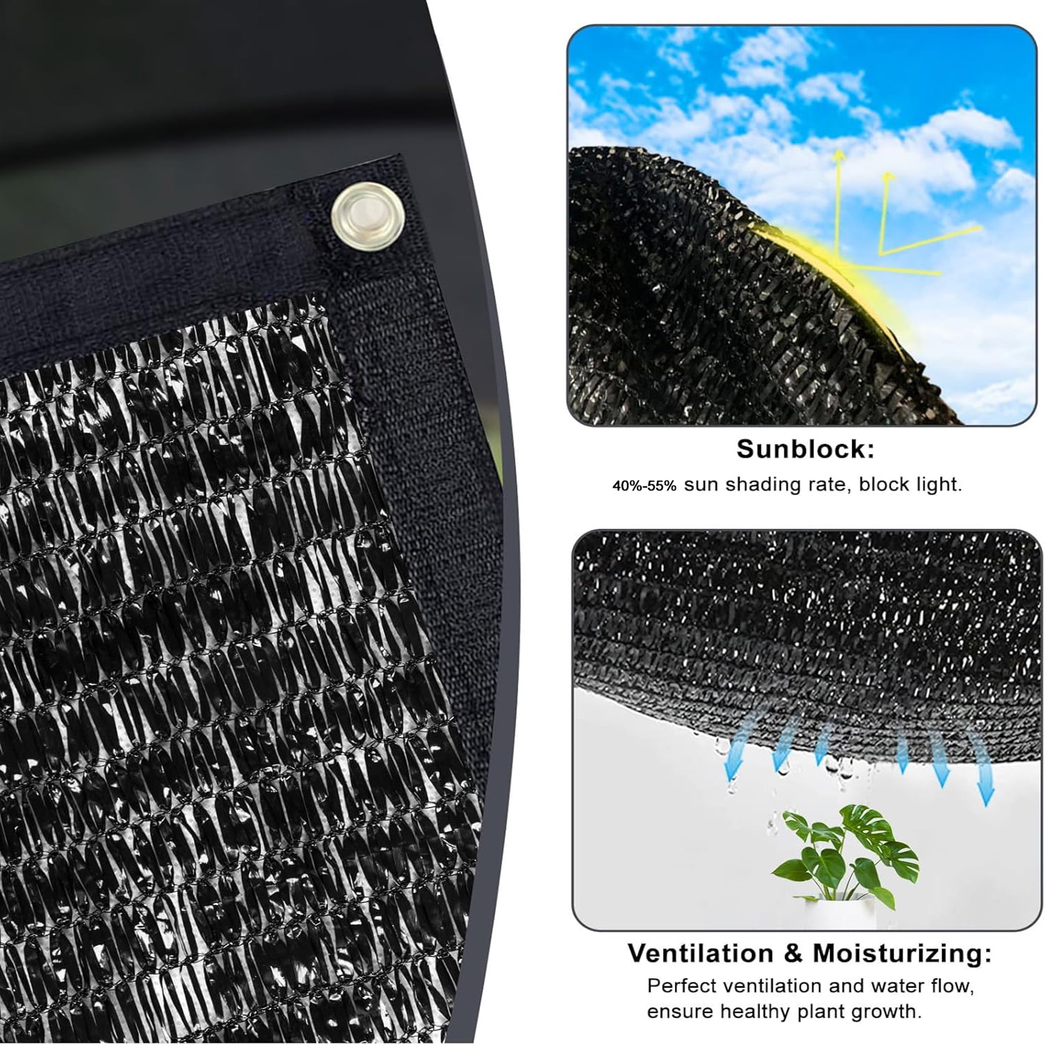 SUNNY GUARD 55% Sun Shade Cloth with Grommets 6/6.5/8/10/12/16.5/20 FT Sunblock Mesh Cover Net Garden Patio Yard, 10'x12' Black