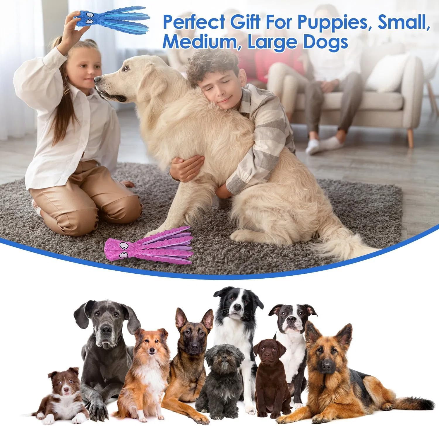 PUPIX 2 Pcs Squeaky Dog Toys No Stuffing Plush Octopus Dog Toy with Crinkle Legs Interactive Dog Teething Training Toy for Puppy Small Medium Large Dogs Stress Relief Chew Play Toys (Blue & Pink)
