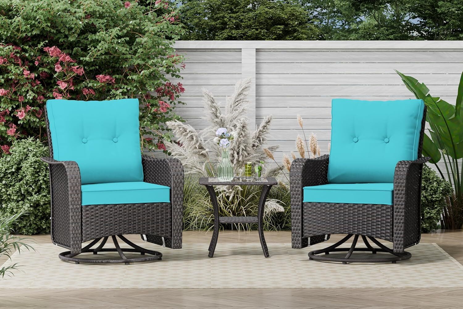 ASJMR 3PCS Patio Wicker Chairs Swivel Rocker with Coffee Table and Cushions, Outdoor Rattan Rocking Chairs for Porch Pool, Green