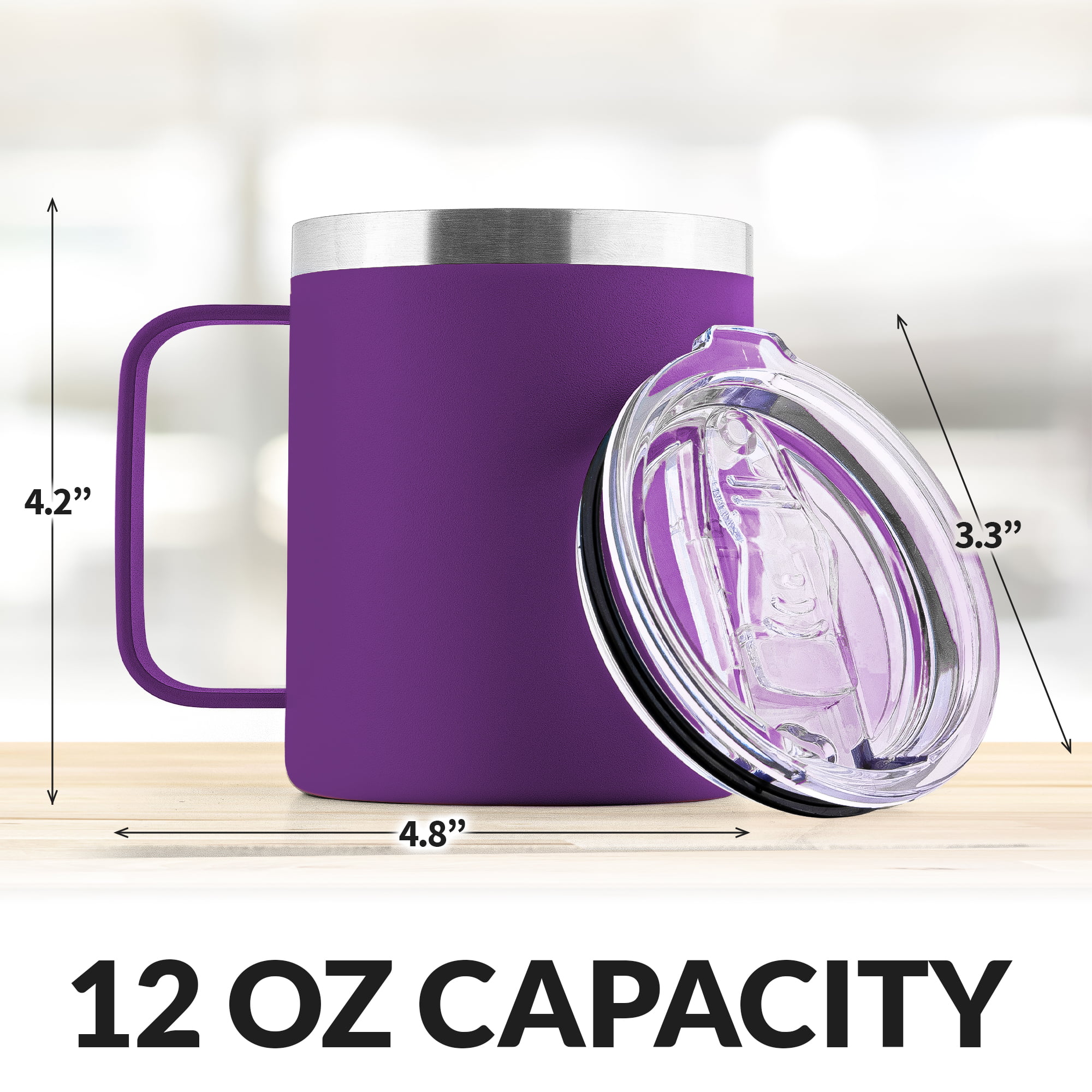 Zulay 12 oz Insulated Coffee Mug with Lid - Stainless Steel Camping Mug  Tumbler with Handle - Double Wall Vacuum Duracoated Insulated Mug For Travel,  Camping, Office, Outdoor (Purple)