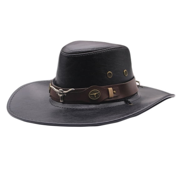 Vintage Western Cowboy Hat Head Belt Hats for Men Women Outdoor Travel Wide Brim Faux Leather Sun Caps