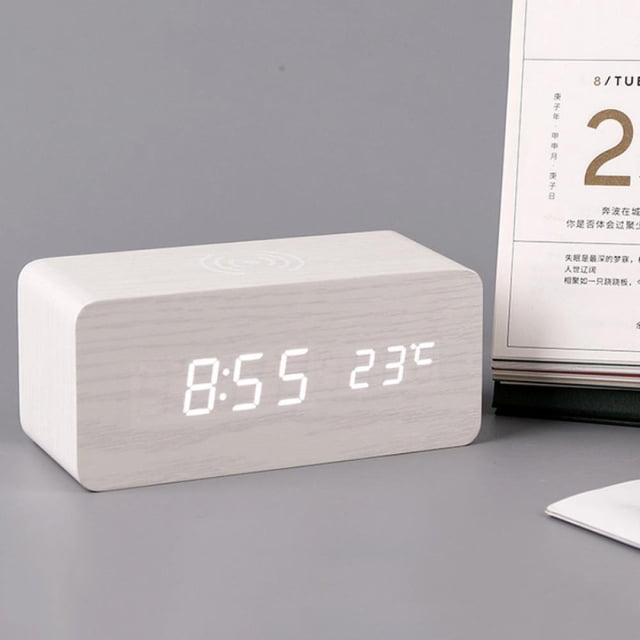 Digital Alarm Clock for Kids Digital Clock Large Display Alarm Clocks for Living Room Decor Wooden Wireless Charging Bedside Clocks for Bedroom Kids Alarm Clock Radios for Bedroom Table N