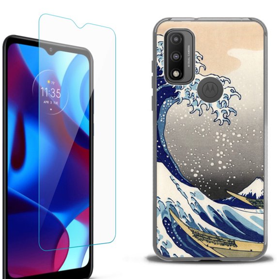 Slim-Fit Protective Phone Case (Black) compatible with Motorola Moto G Pure 5G, with Tempered Glass Screen Protector, by OneToughShield ® - Great Wave