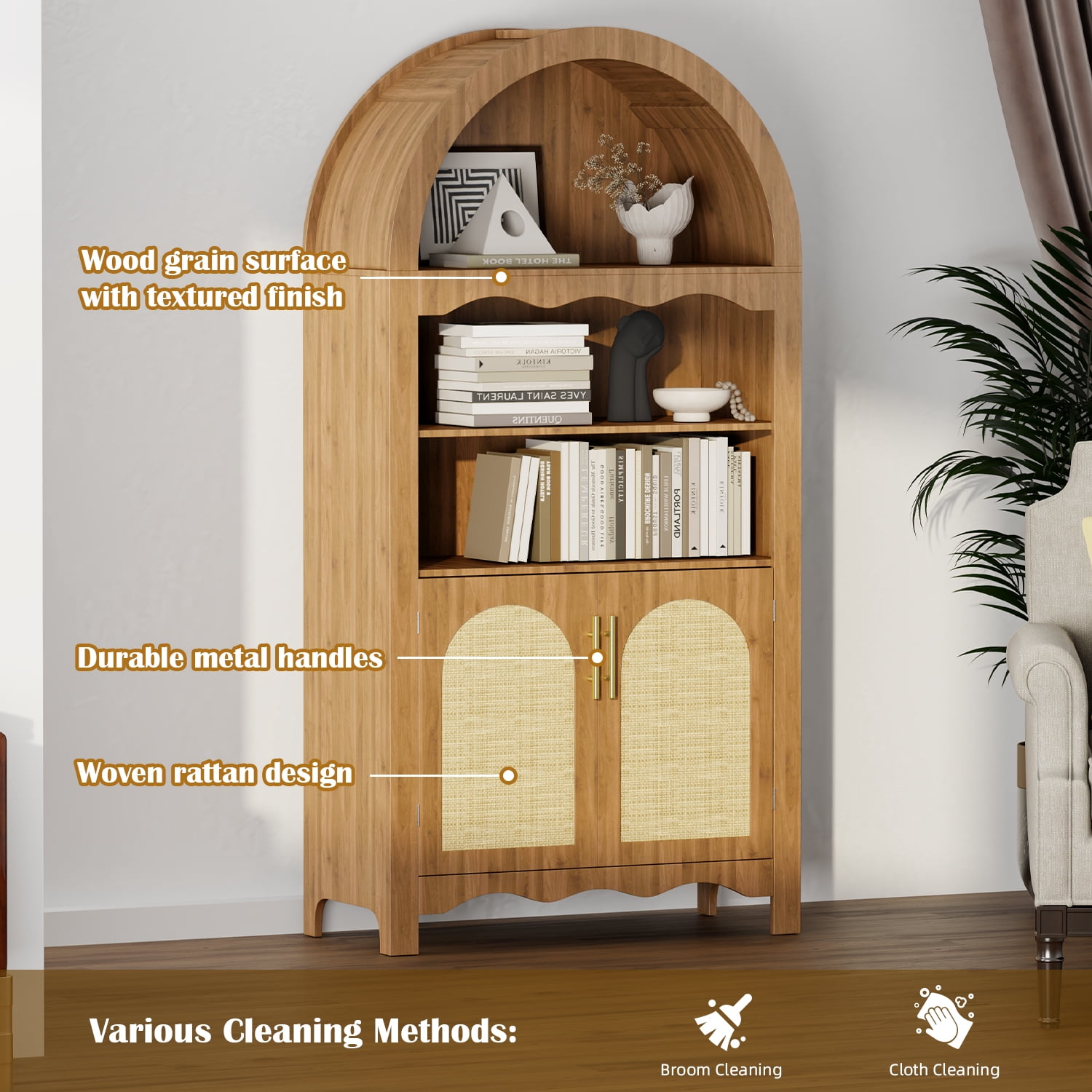 LAZZO 63" Arched Pantry Cabinet, Storage Cupboard with Anti-Tipping Device, Natural Wood Color