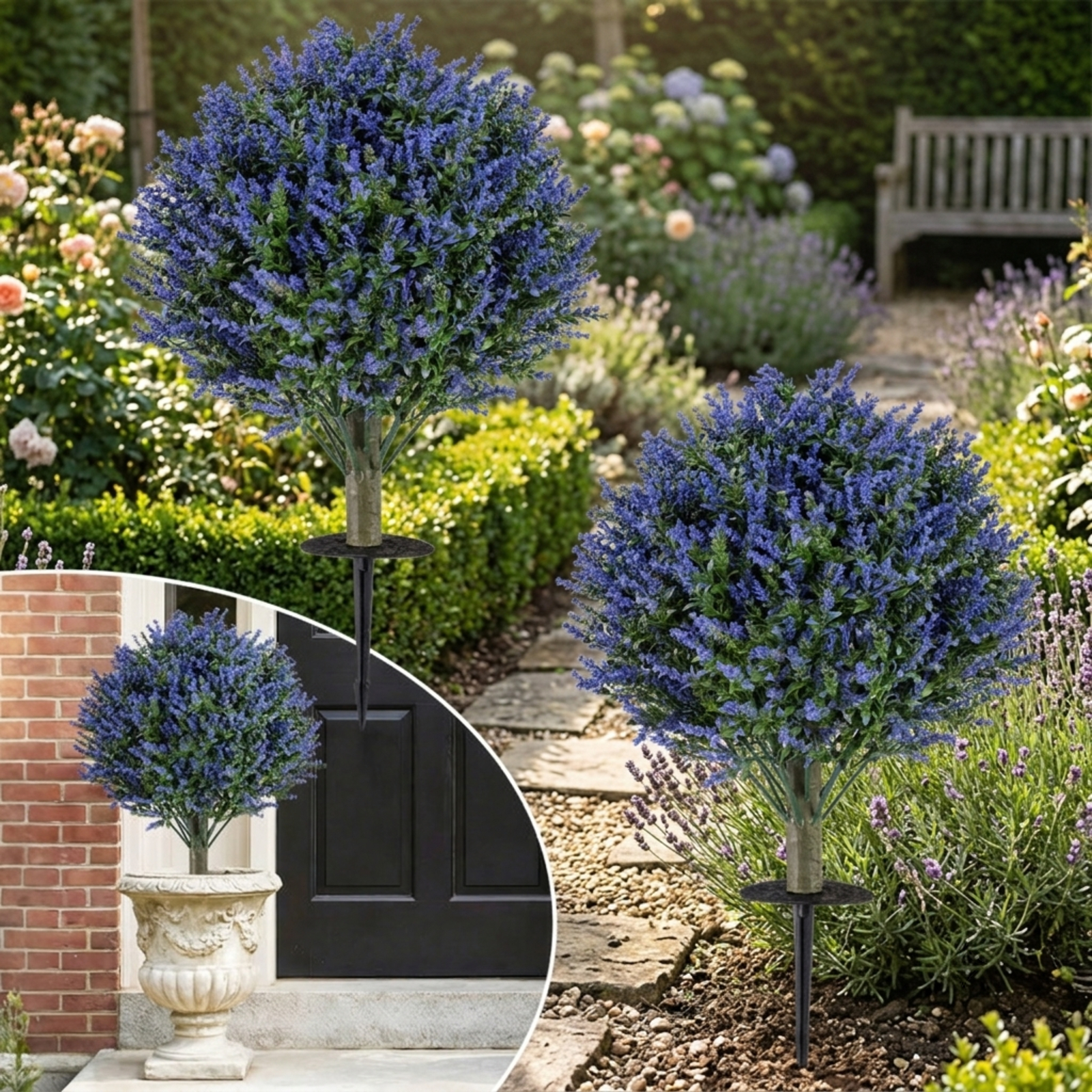 Vebreda Artificial Plant Decor, Set of 2 Artificial Lavender Topiary Ball Trees with Ground Spikes, Intricate & Lifelike Design