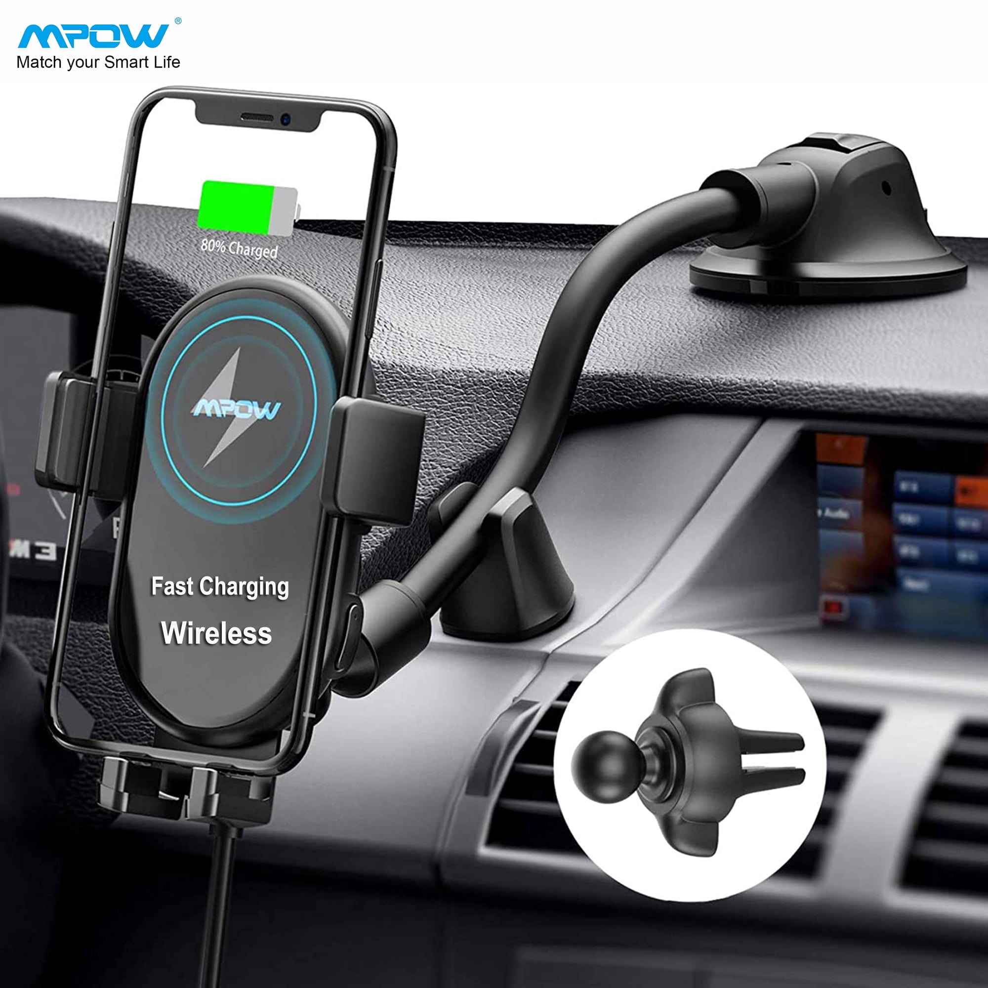 2-in-1 Car Phone Mount with Dual-clip Design Compatible iPhone 11Series/iPhone 8/Galaxy S9 above Series 10W/7.5W Qi Fast Charging Car Phone Holder for Air Vent and CD Slot Mpow Wireless Car Charger 2-in-1 Car Phone Mount with Dual-clip Design Compatible iPhone 11Series/iPhone 8/Galaxy S9 above Series 10W/7.5W Qi Fast Charging Car Phone Holder for Air Vent and CD Slot Mpow Wireless Car Charger