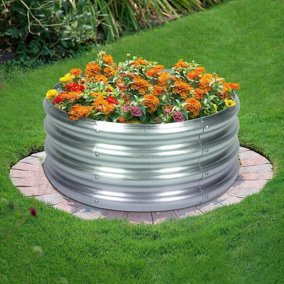 Round Galvanized Raised Garden Bed Metal Flower Bed Steel Patio Ground Planter
