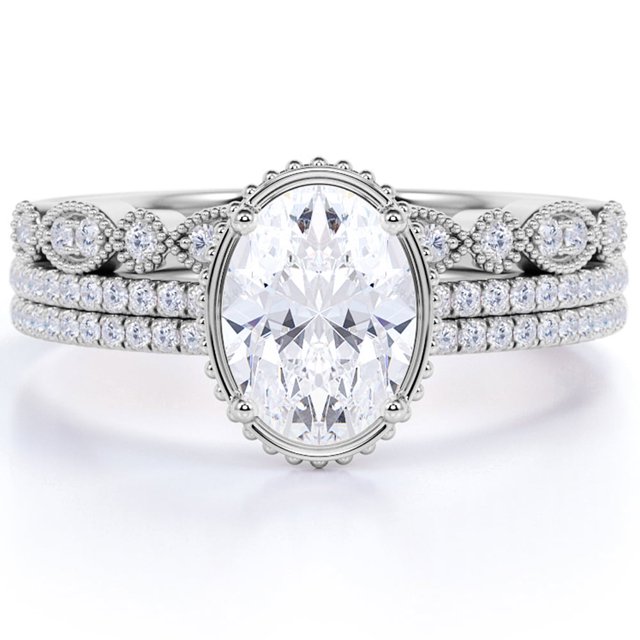 JeenMata Impresionante Anillo de Bodas de Tres Piezas de Moissanita de Corte Ovalado de 1,5 Quilates Engastado en Oro Blanco de 18 K sobre Plata