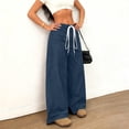 thumbnail image 5 of Women's Wide Leg Pants Faux Suede High Waist Barrel Palazzo Pants Casual Waistband Drawstring Comfy Baggy Trousers Blue, 5 of 8